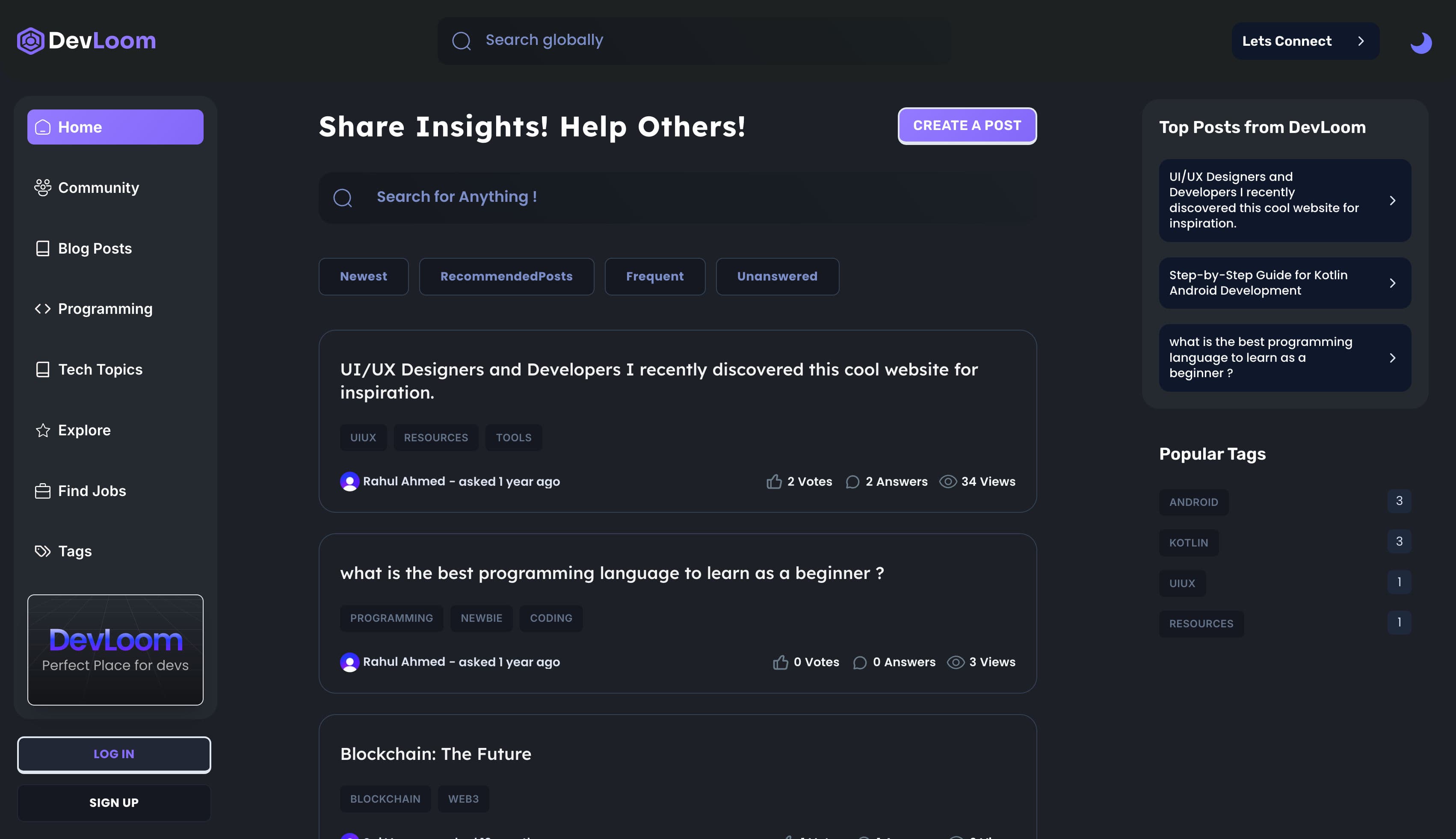 DevLoom A Platform for Developers build using modren tech stack 